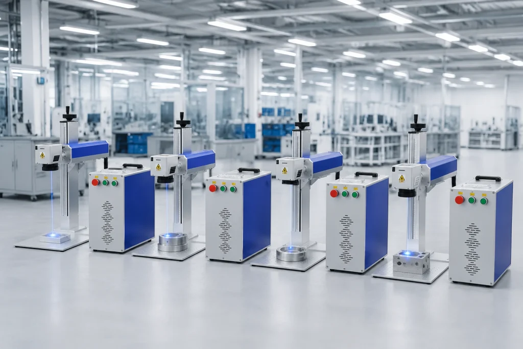 Four fiber laser marking machines arranged in a row on a factory floor showcasing 20W to 100W power options