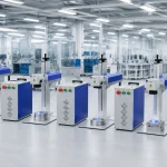Four fiber laser marking machines arranged in a row on a factory floor showcasing 20W to 100W power options