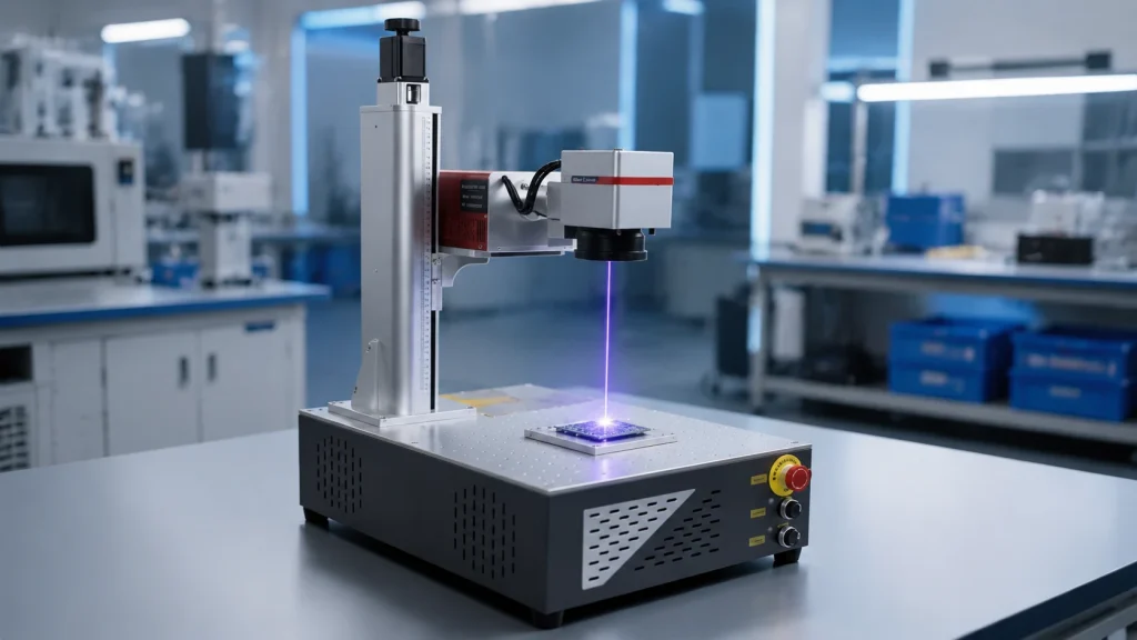 Professional product photo of a UV laser marking machine marking a circuit board in a clean industrial workshop