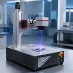 Professional product photo of a UV laser marking machine marking a circuit board in a clean industrial workshop