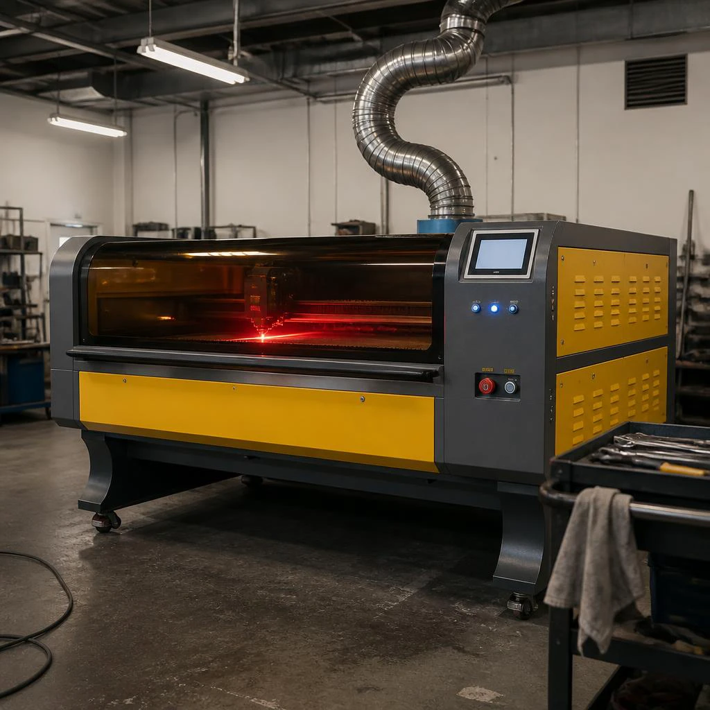 Industrial CO2 laser cutting machine in a factory workshop with red laser glow and exhaust duct
