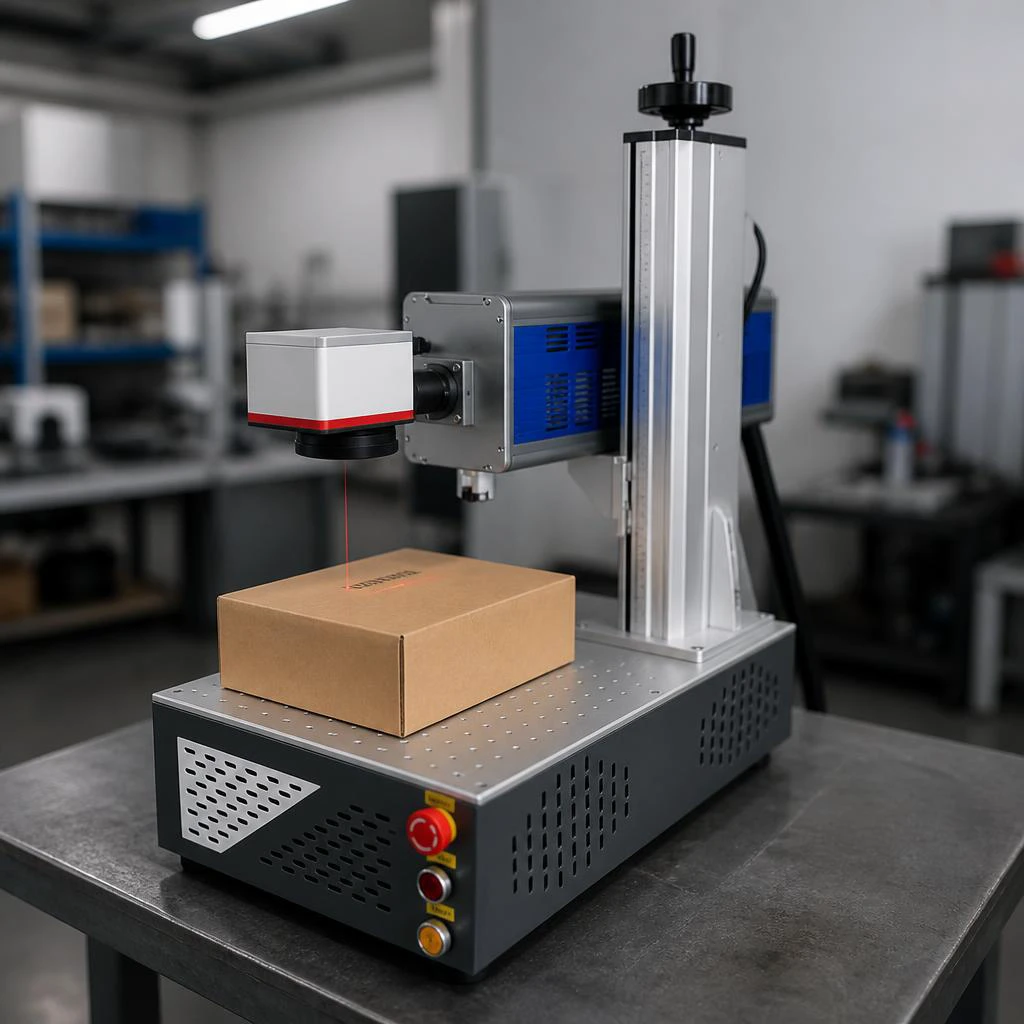 CO2 laser marking machine with red aiming beam marking a cardboard box on a factory workbench