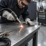 A gloved operator welds a stainless steel joint with a handheld fiber laser torch, bright arc and sparks visible