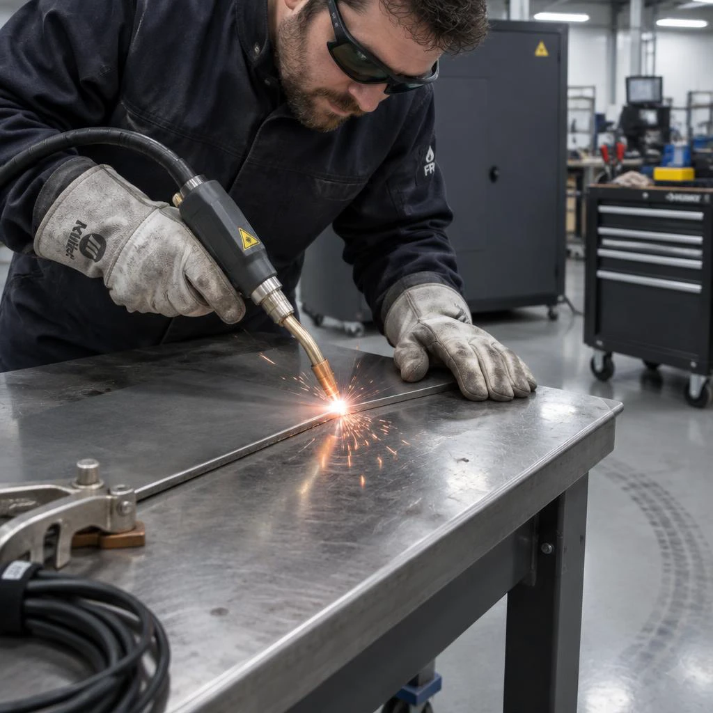 A gloved operator welds a stainless steel joint with a handheld fiber laser torch, bright arc and sparks visible